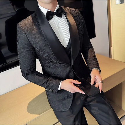 New (Blazer+vest+pants) for Men. Fashion. Casual. British Style. Singer Performance. High Density Jacquard Wedding Dress. Suit