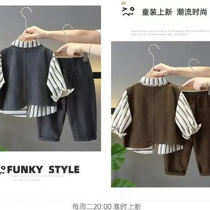 2-10Y Boys Clothing Set 2025 New Handsome Casual Spring and Autumn Baby Children's Vest T-shirt Pants 3 Piece Set Kids Outfits