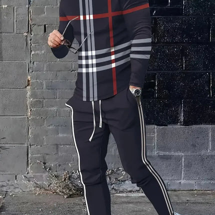 Spring And Fall Men's Long Sleeve Pant 2pcs Sets Red And Blue Striped 3D Print Man Set Everyday Fashion Men Long Sleeved T-shirt