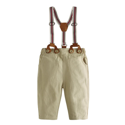 Gentleman Spring Autumn Outfit for Newborn Boy Cotton Baby First Formal Birthday Clothes Solid Pant with Strap Toddler Party Set