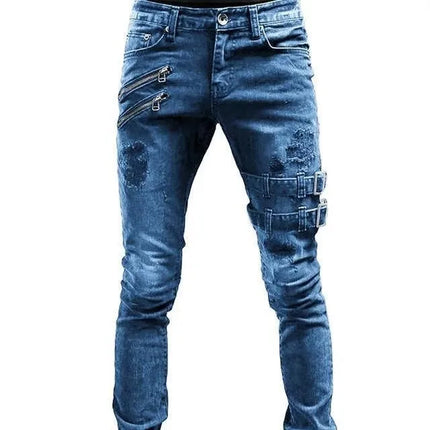 Men Jeans Denim Pencil Pants Mid Waist Moto Biker Washing Pockets Slim Slight Strech Sheath Ankle Length Zipper Fly 2024
