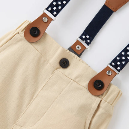 Gentleman Spring Autumn Outfit for Newborn Boy Cotton Baby First Formal Birthday Clothes Solid Pant with Strap Toddler Party Set