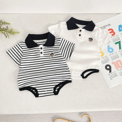 Summer Baby White Striped Bodysuits for Newborns Boys Girls Romper Onesie Cotton Short Sleeve Turn Down Collar Infant Jumpsuit