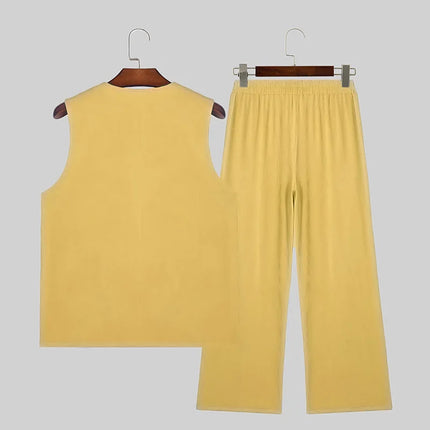 INCERUN Men Sets Solid Color Streetwear O-neck Sleeveless Tank Tops & Pants 2PCS Summer Loose Fashion Men's Casual Suits S-2XL