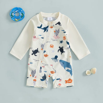 Toddler Baby Boy Rash Guard Summer Infant Swimsuit Long Sleeve Ocean Animal Print Swimwear Children Zip Up Bathing Suit Swimwear
