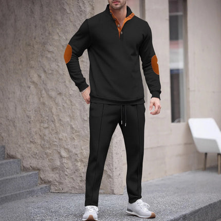 Men's new autumn style American stand-up collar button elbow patch color-block long-sleeve hoodie and pants set