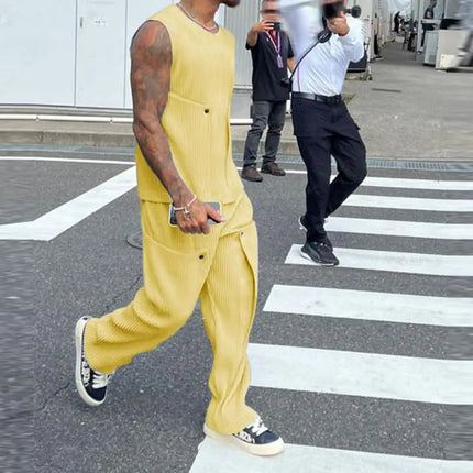 INCERUN Men Sets Solid Color Streetwear O-neck Sleeveless Tank Tops & Pants 2PCS Summer Loose Fashion Men's Casual Suits S-2XL