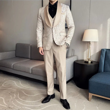 New (Blazer+vest+pants) for Men. Fashion. Casual. British Style. Singer Performance. High Density Jacquard Wedding Dress. Suit
