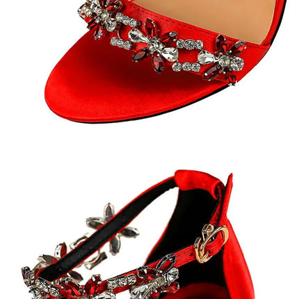 Soft Silk Open Toe Women Sandals 2024 Summer Luxury Crystal Ankle Buckle High Heels Shoes Bride Party Lady Green Red Black Pumps