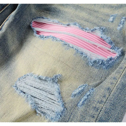 Men Stretch Slim Fit Ripped Jeans with Leather Patchwork