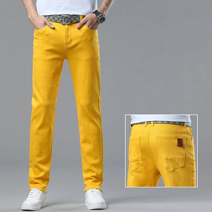 Four Season New Men's Yellow Jeans Fashion Business Casual Straight Denim Stretch Trousers All-match Men's Casual Pants Jeans