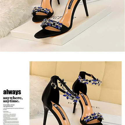 Soft Silk Open Toe Women Sandals 2024 Summer Luxury Crystal Ankle Buckle High Heels Shoes Bride Party Lady Green Red Black Pumps