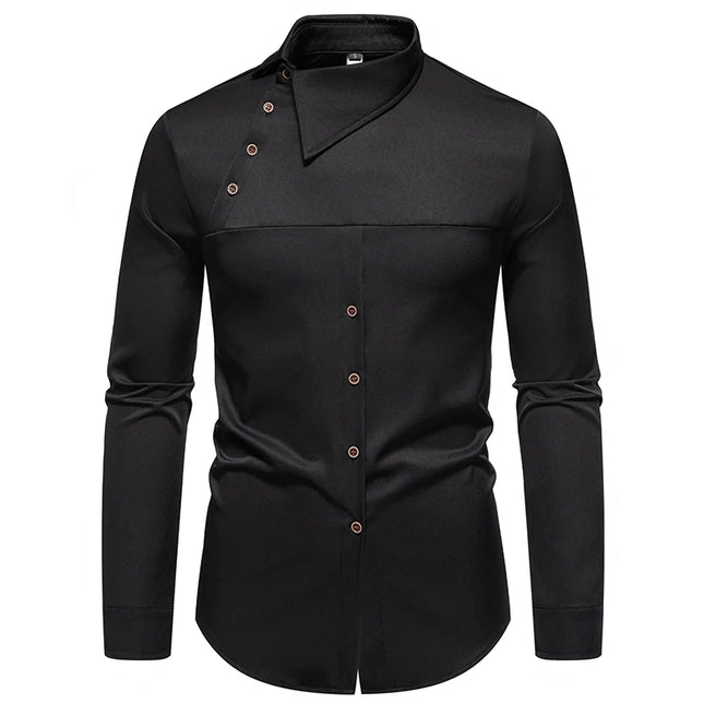 Fashion Man Stand Collar Shirt  Personality Oblique Button Irregular Long Sleeve Business Festival Hombre Mens Dress Shirts