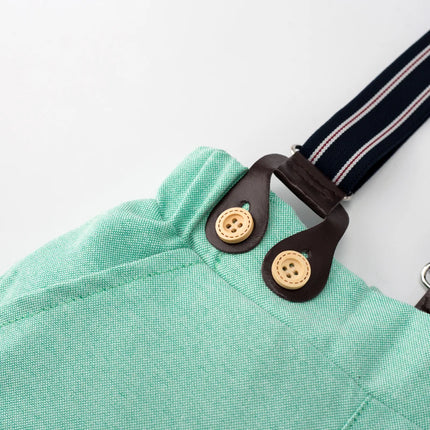 Gentleman Spring Autumn Outfit for Newborn Boy Cotton Baby First Formal Birthday Clothes Solid Pant with Strap Toddler Party Set