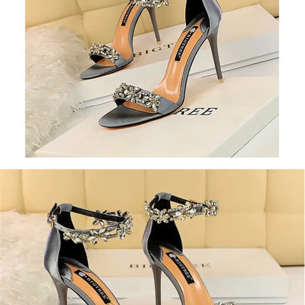 Soft Silk Open Toe Women Sandals 2024 Summer Luxury Crystal Ankle Buckle High Heels Shoes Bride Party Lady Green Red Black Pumps