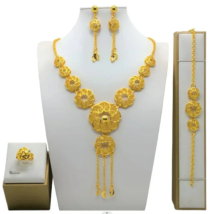 France Ethiopian Gold Color Jewelry Set For Women Dubai Necklace Bracelet Earrings Ring Set African Wedding Choker Wholesale