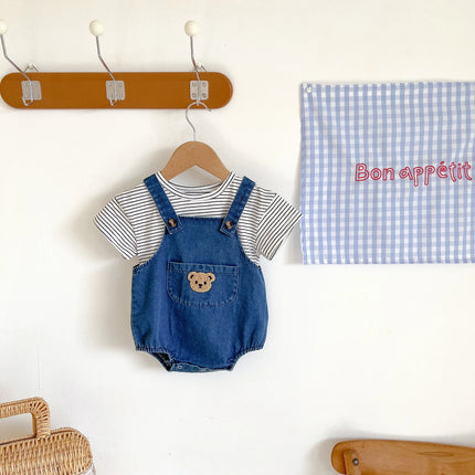 2024 Summer Cool Toddler Baby Clothing Set for Newborn Girls Striped T-shirt and Denim Bodysuits Overalls 2Pcs Boys Suits