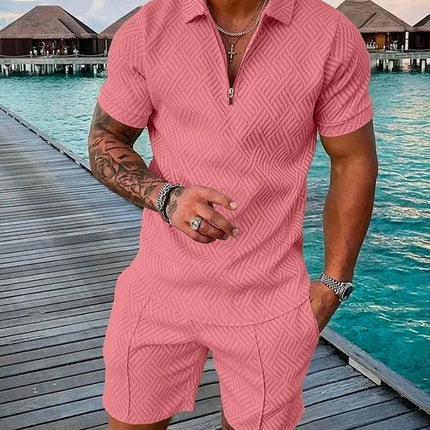 New 2025 Men's Polo Suit Fashion Men Sets Solid Summer V-neck Zipper Short Sleeve POLO Shirt+Shorts Two Pieces Men Casual Suit