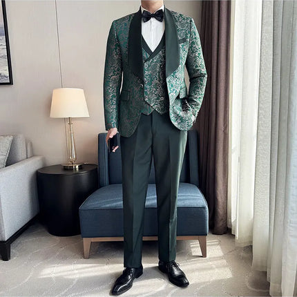 New (Blazer+vest+pants) for Men. Fashion. Casual. British Style. Singer Performance. High Density Jacquard Wedding Dress. Suit