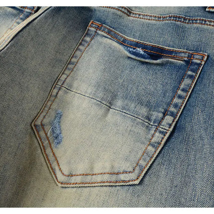 Men Stretch Slim Fit Ripped Jeans with Leather Patchwork