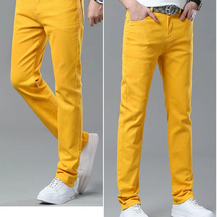 Four Season New Men's Yellow Jeans Fashion Business Casual Straight Denim Stretch Trousers All-match Men's Casual Pants Jeans
