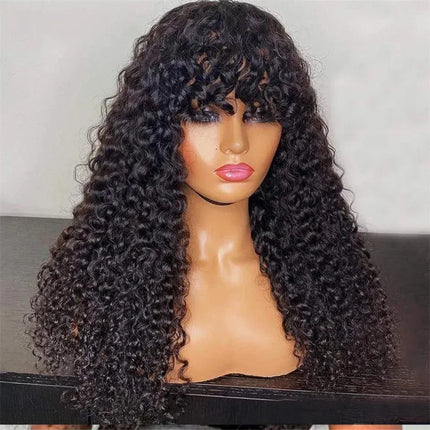 30 inch Water Wave Human Hair Wigs With Bangs Glueless Fringe Wig Kinky Curly Bob Wig with Bangs Full Machine Made Wig 180%