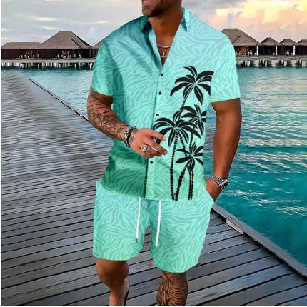 Hawaiian Vacation men's Fashion set, 3D flip-top Printed short-sleeved shirt, Casual Beach Capre Set