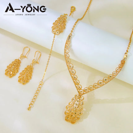 Luxury Dubai Wedding Jewelry Set 21k Gold Plated Arab Bridal Gold Necklace Bracelet Earrings Brazilian Women Vintage Jewelrys