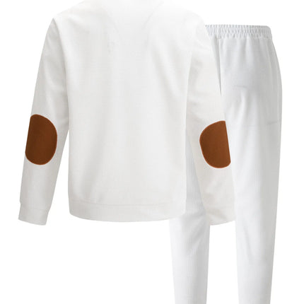 Men's new autumn style American stand-up collar button elbow patch color-block long-sleeve hoodie and pants set