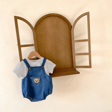 2024 Summer Cool Toddler Baby Clothing Set for Newborn Girls Striped T-shirt and Denim Bodysuits Overalls 2Pcs Boys Suits