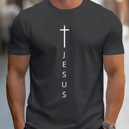 Men's Summer 100 Cotton Fashionable Casual Loose Large Cross and Jesus Letter Printed Sports Round Neck Short Sleeve T-shirt Top
