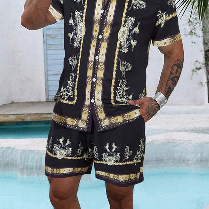 Baroque Luxury Printed Men's Shirt Shorts 2 Piece Set Summer Casual Shirt Hawaiian Beach Short-sleeved Men's Suits Clothing