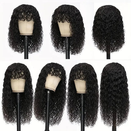 Water Wave Human Hair Wigs With Bangs For Women Full Machine Made 30 Inches Deep Curly Fringe Wig Glueless Wigs Natual Color