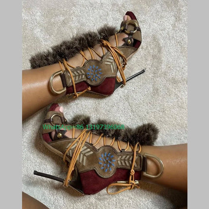 Lady Cowboy Style Fur Peep Toe Pumps Footwear Lace-Up Cut-Out Open Toe Back Zip Lace-Up Brown Cowboy High Heels Fall Size 35-45