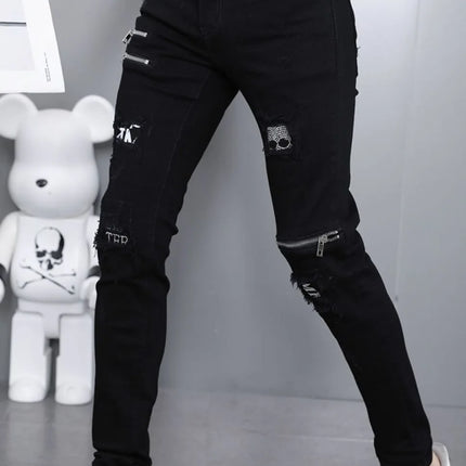 2024 Spring and Autumn Fashion Black Ripped Stretch Jeans Men's Casual Slim Breathable High-Quality Straight Leg Pants 28-36