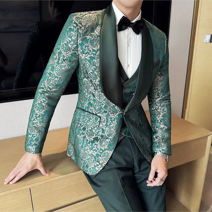 New (Blazer+vest+pants) for Men. Fashion. Casual. British Style. Singer Performance. High Density Jacquard Wedding Dress. Suit