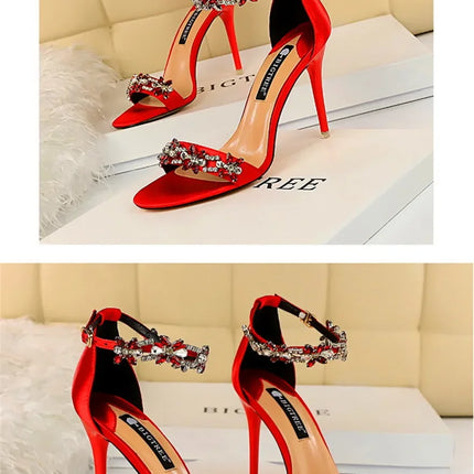 Soft Silk Open Toe Women Sandals 2024 Summer Luxury Crystal Ankle Buckle High Heels Shoes Bride Party Lady Green Red Black Pumps