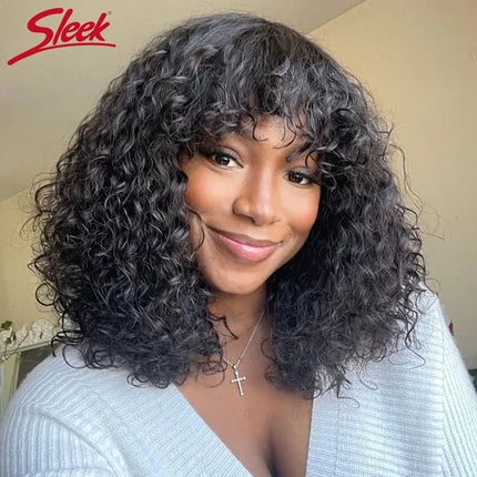 Short Pixie Bob Cut Human Hair Wigs With Bangs Full Machine Jerry Curly Wig Highlight Honey Blonde Water Wave Wigs For Women