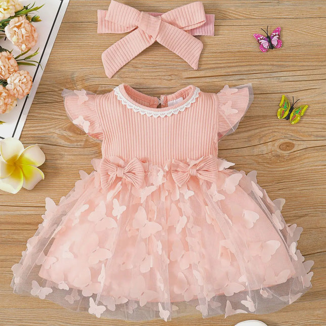 0-3-year-old newborn baby girl summer pink sleeveless lace round neck lace butterfly mesh lovely dress party
