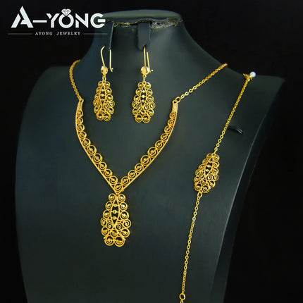 Luxury Dubai Wedding Jewelry Set 21k Gold Plated Arab Bridal Gold Necklace Bracelet Earrings Brazilian Women Vintage Jewelrys