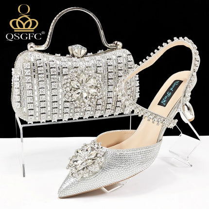 African Special Banquet Elegant Style Silver Color Party Wedding Pointed Toe  Heel Women Shoes and Bag Set With Rhinestone