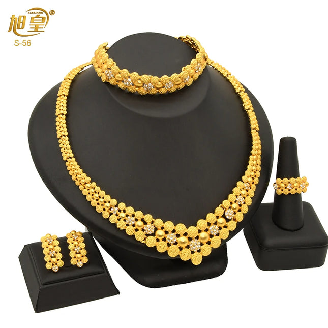 XUHUANG Dubai 2024 Gold Color Necklace Bracelet Jewelry Set For Women Ethiopian Arabic Charm Necklace Choker Set Wedding Gifts
