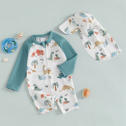 Toddler Baby Boys Swimsuit with Swim Cap Infant Rash Guard Summer Dinosaur/Shark Print Long Sleeve Zip Bathing Suit Beachwear
