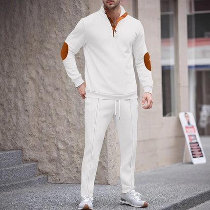 Men's new autumn style American stand-up collar button elbow patch color-block long-sleeve hoodie and pants set
