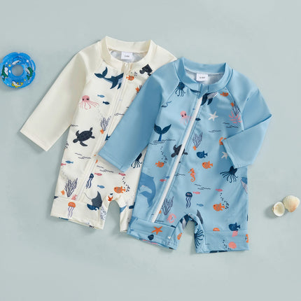 Toddler Baby Boy Rash Guard Summer Infant Swimsuit Long Sleeve Ocean Animal Print Swimwear Children Zip Up Bathing Suit Swimwear