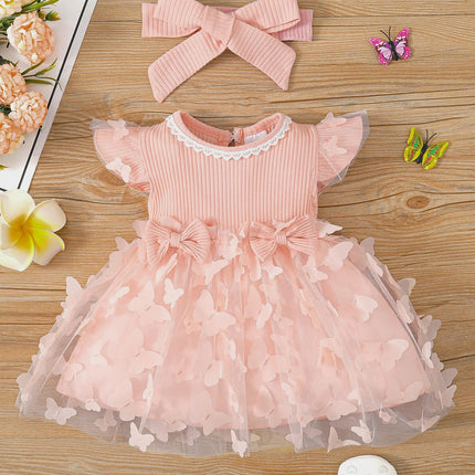 0-3-year-old newborn baby girl summer pink sleeveless lace round neck lace butterfly mesh lovely dress party