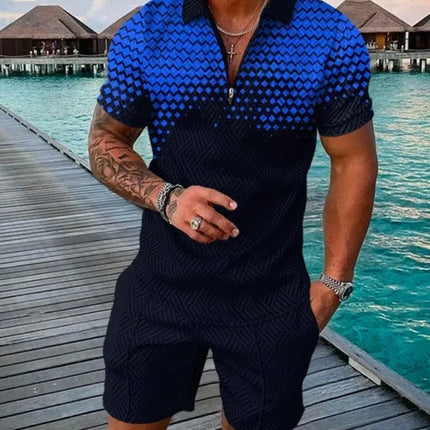 New 2025 Men's Polo Suit Fashion Men Sets Solid Summer V-neck Zipper Short Sleeve POLO Shirt+Shorts Two Pieces Men Casual Suit