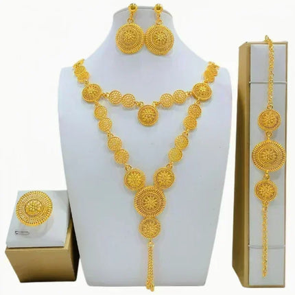 France Ethiopian Gold Color Jewelry Set For Women Dubai Necklace Bracelet Earrings Ring Set African Wedding Choker Wholesale