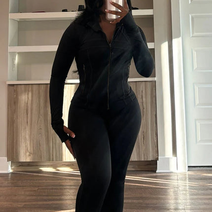 Weird Puss Sporty Casual 2 Piece Set Women Hooded Zipper Turtleneck Jacket+Skinny Straight Pants Matching Trend Workout Suit