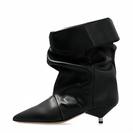 Arden Furtado 2025 Spring leopard print Large tubular boots Pointed toe Slip-on Pleated Middle heel Modern boots Short boots